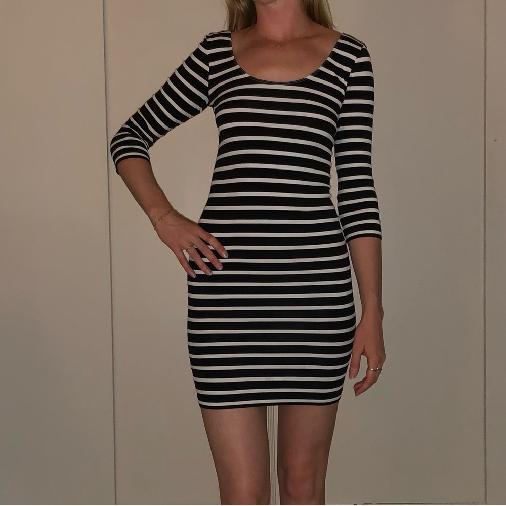 Bebe black & white striped bodycon mini dress